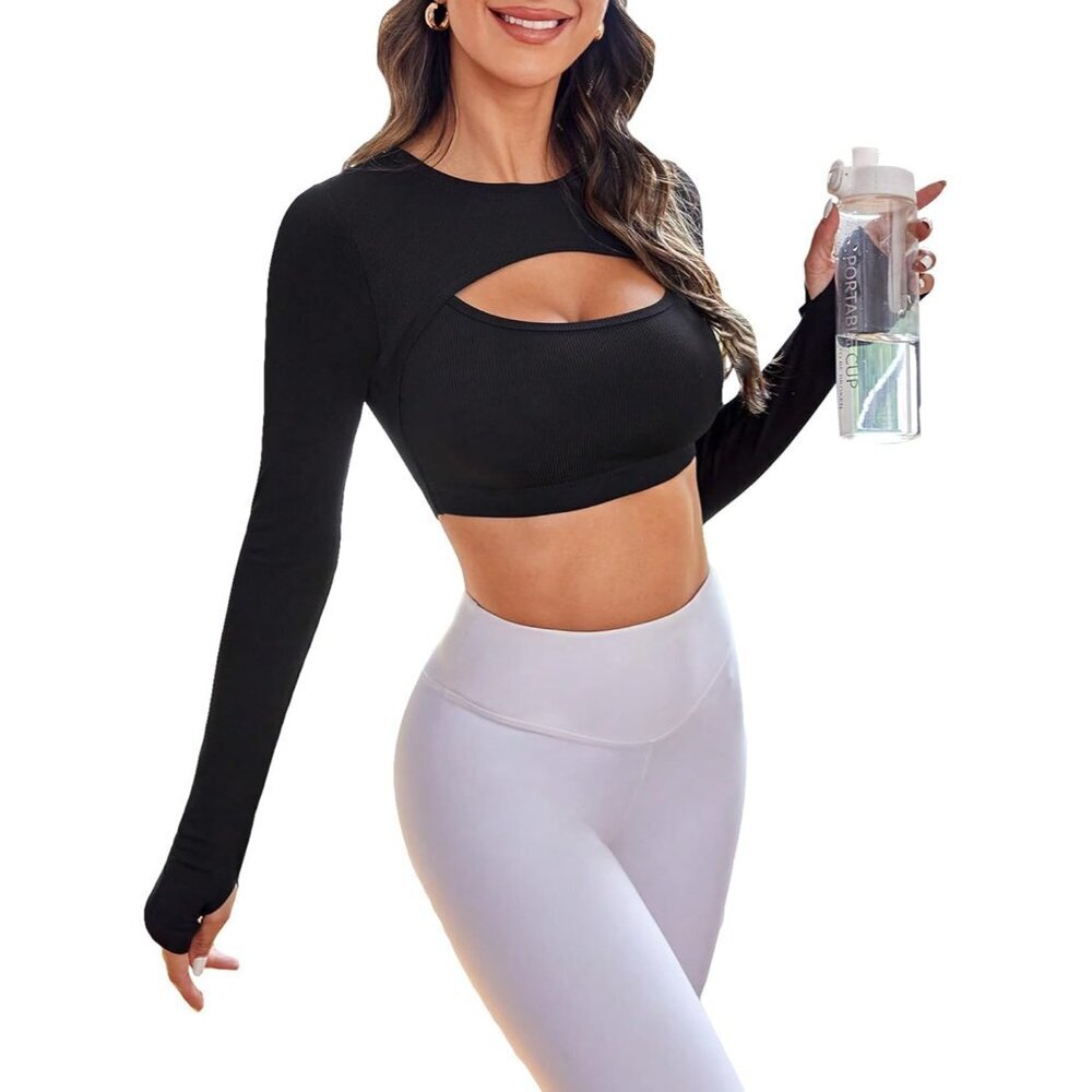Women's Stretch Long Sleeve Crop Top Fitness Activewear Workout Gym